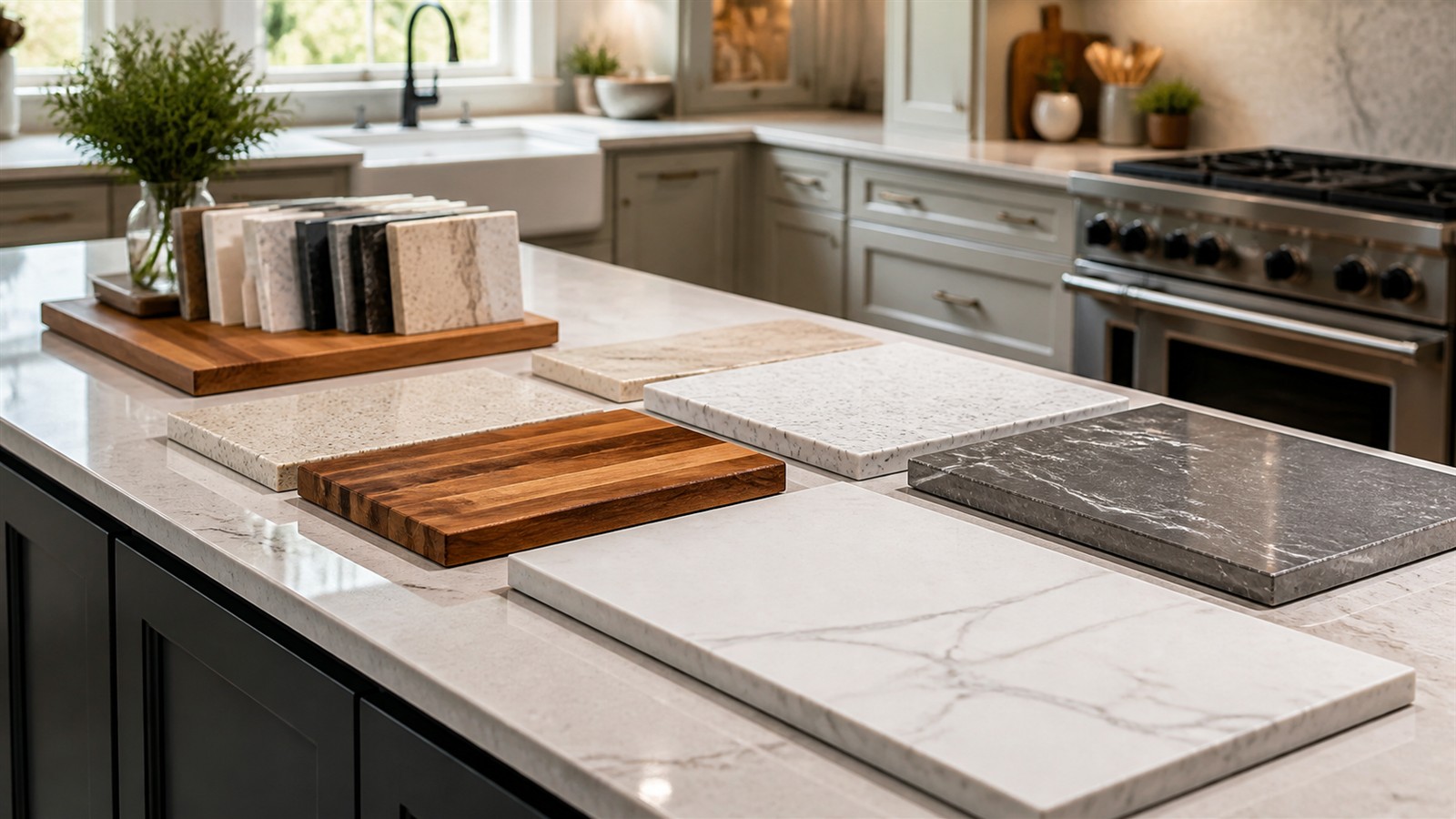 Kitchen island with natural stone, quartz, wood, and porcelain countertop samples in soft daylight