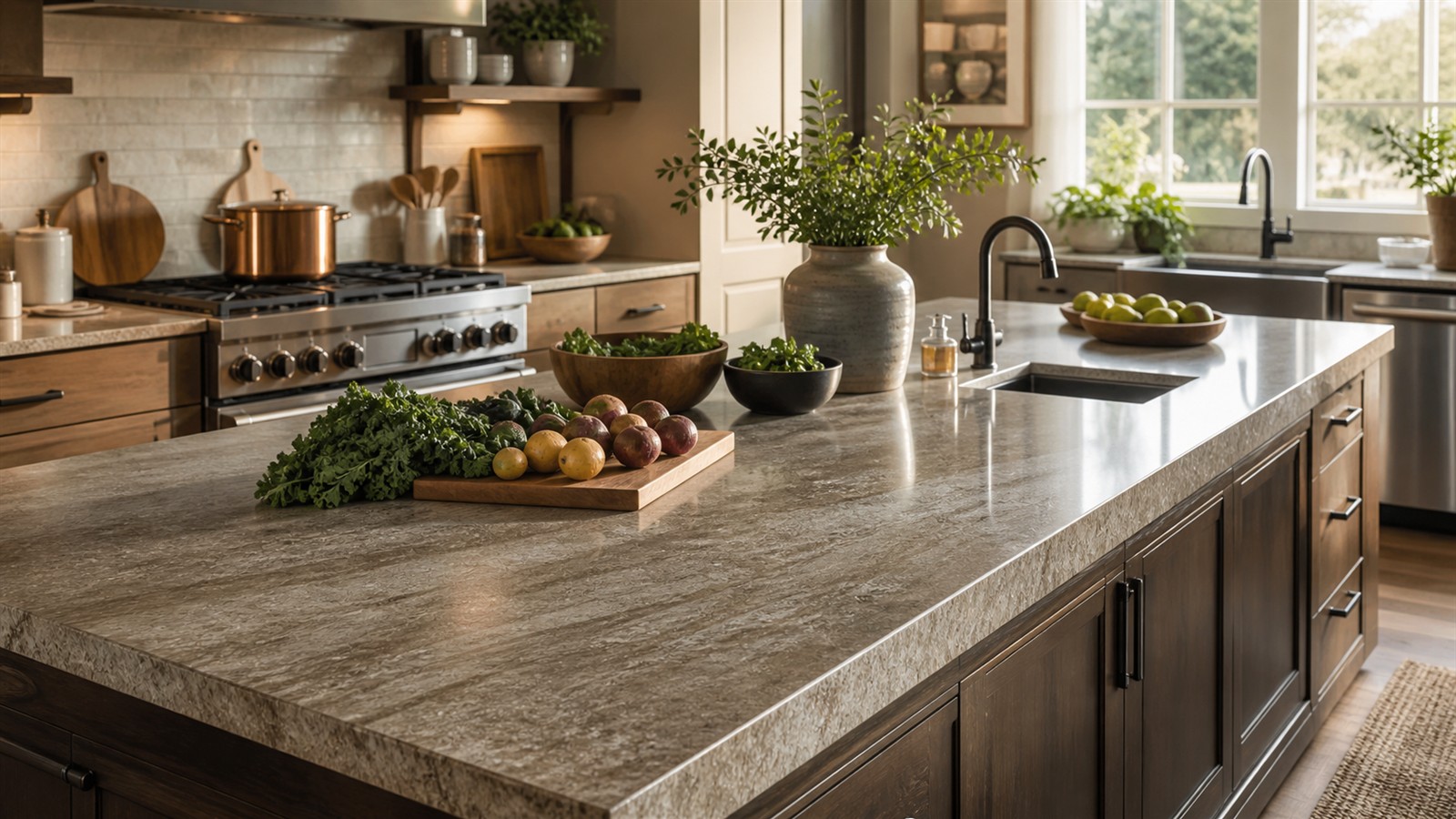 Busy family kitchen with a durable island countertop, practical storage, and warm daylight