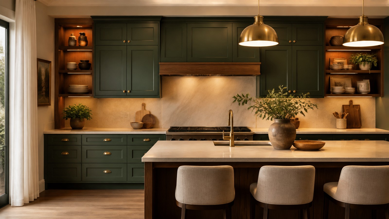 Elegant kitchen with rich cabinet color, refined hardware, stone counters, and warm lighting