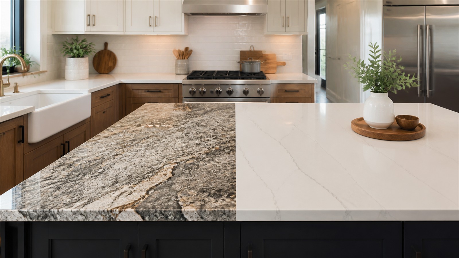 Modern kitchen island showing contrasting granite and quartz countertop surfaces in daylight