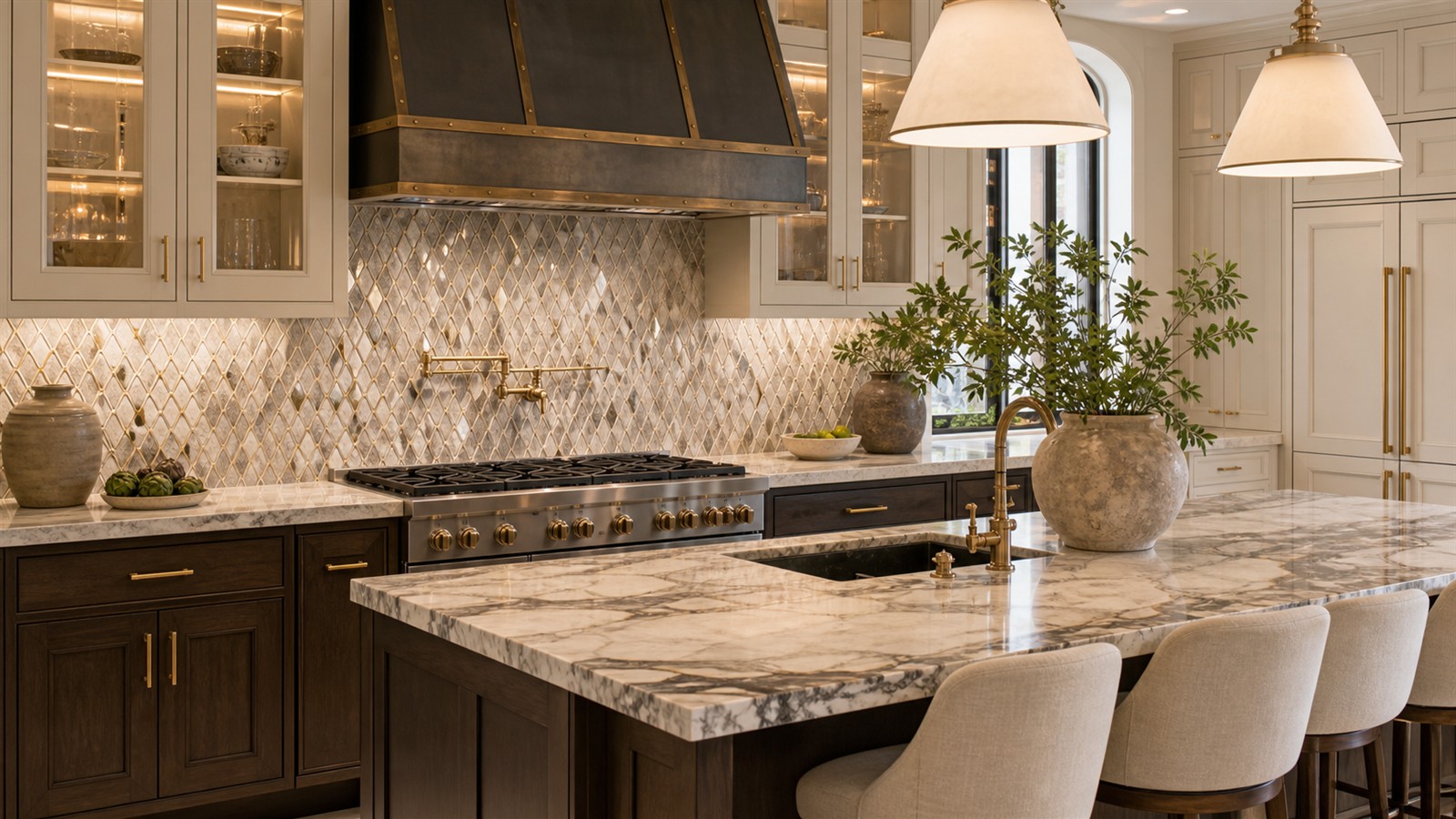 Luxury kitchen with refined mosaic tile backsplash, stone counters, custom cabinetry, and layered lighting