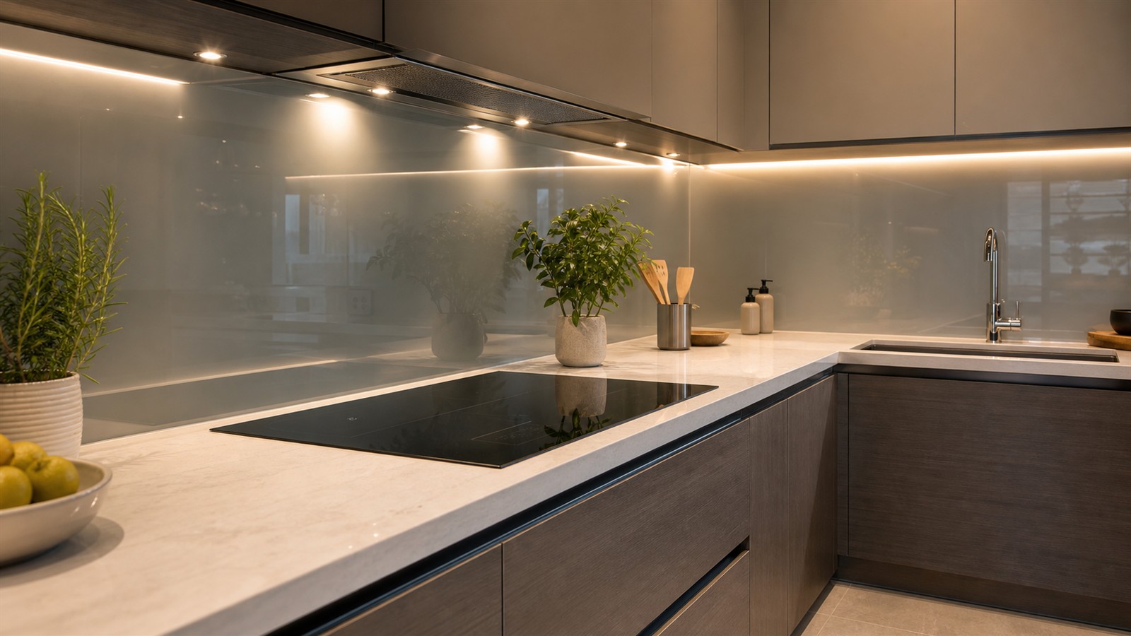Sleek modern kitchen with luminous glass backsplash, refined counters, and minimal cabinetry