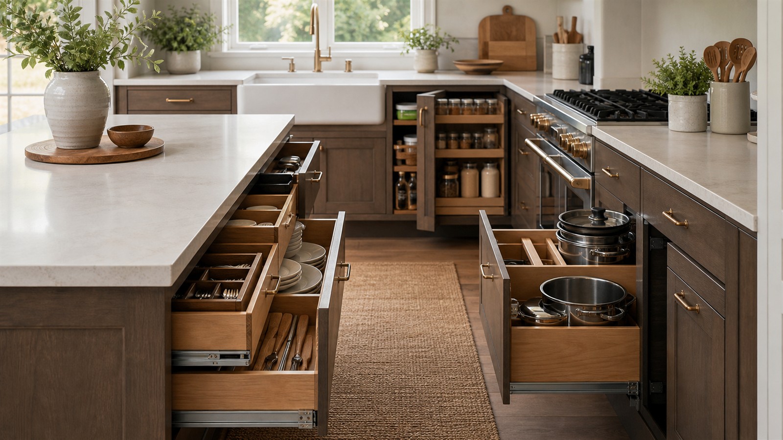 Organized kitchen cabinets with pull-outs, drawer dividers, tray storage, and calm counters