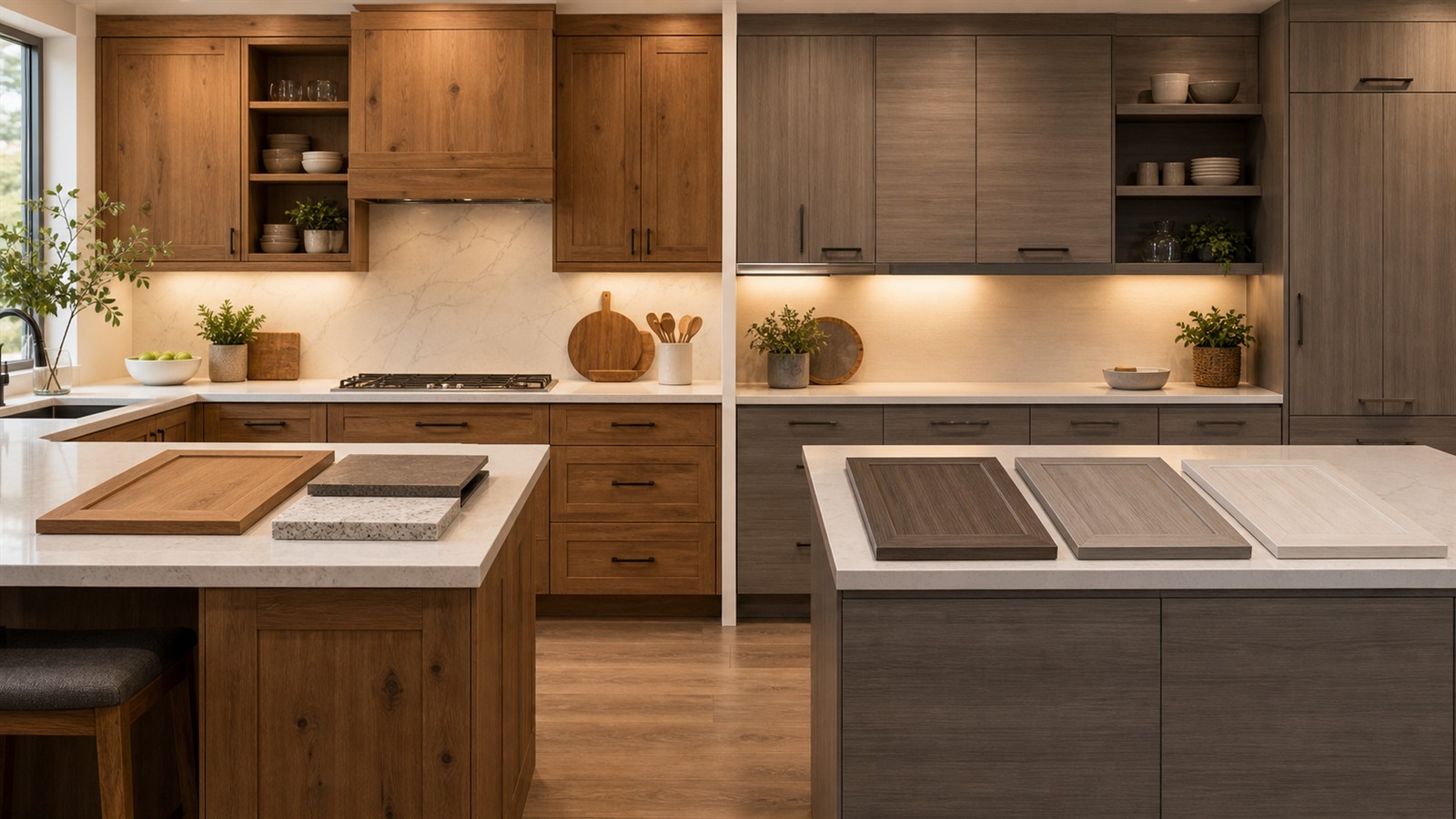 Kitchen cabinet finish comparison showing natural wood and refined laminate cabinet doors